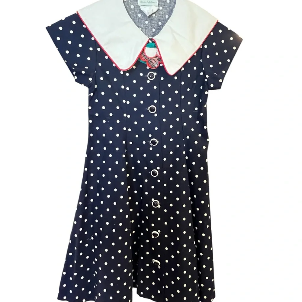 SOLDRare Editions VTG Blue Polka Dot Dress White Collar Girls Size 8 Made in USA